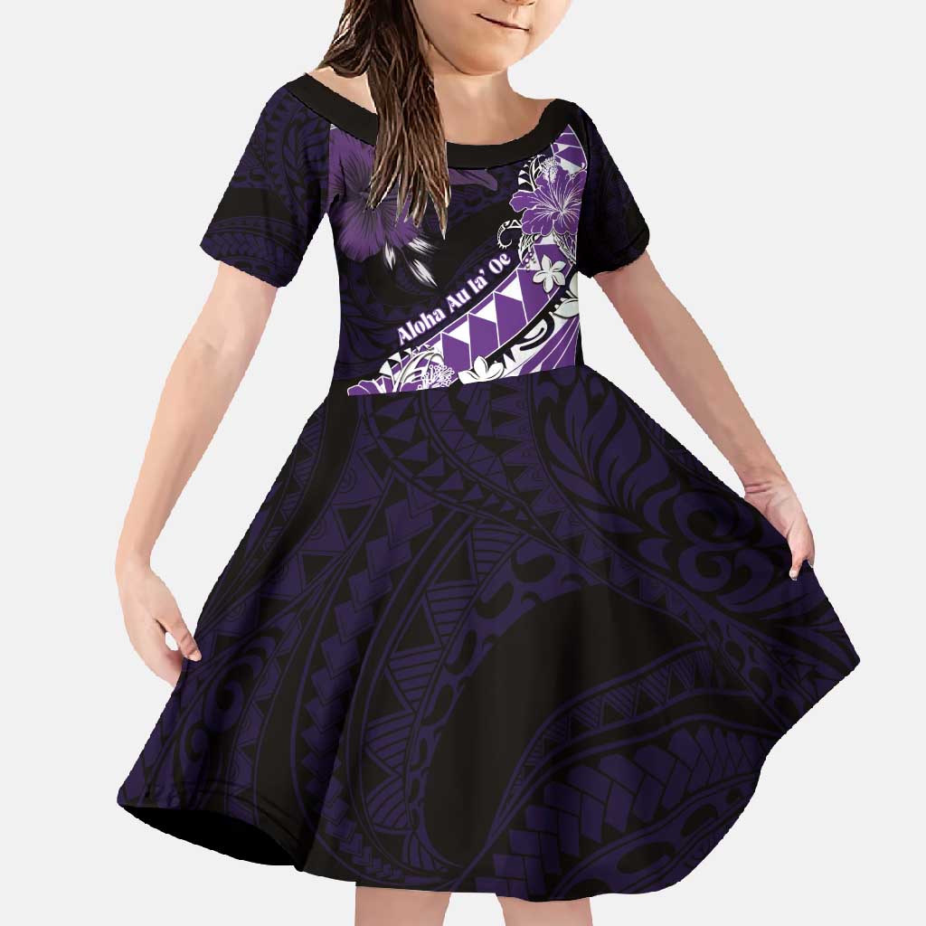 Personalised Hawaii Valentine Day Family Matching Off Shoulder Maxi Dress and Hawaiian Shirt Polynesian Hibiscus Art Style Purple LT05 Daughter's Dress Purple - Polynesian Pride