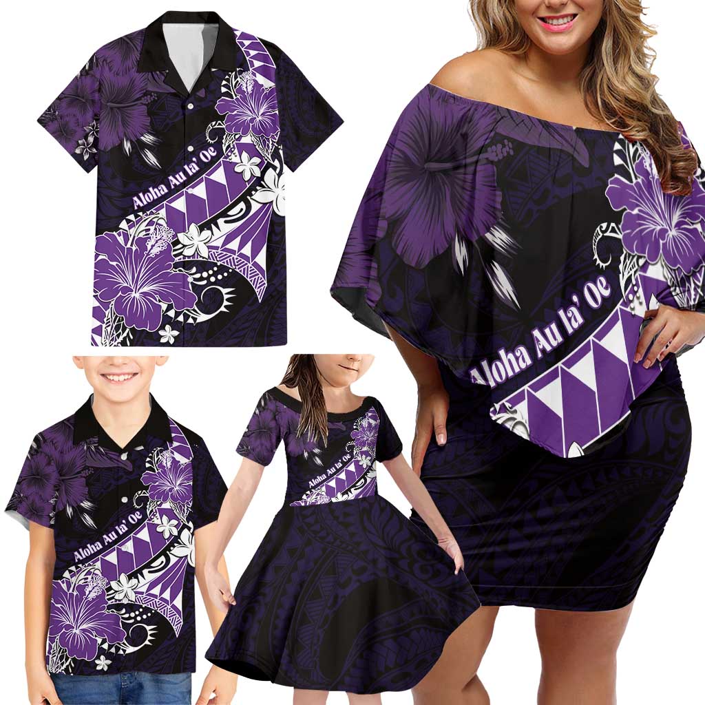 Personalised Hawaii Valentine Day Family Matching Off Shoulder Short Dress and Hawaiian Shirt Polynesian Hibiscus Art Style Purple LT05 - Polynesian Pride