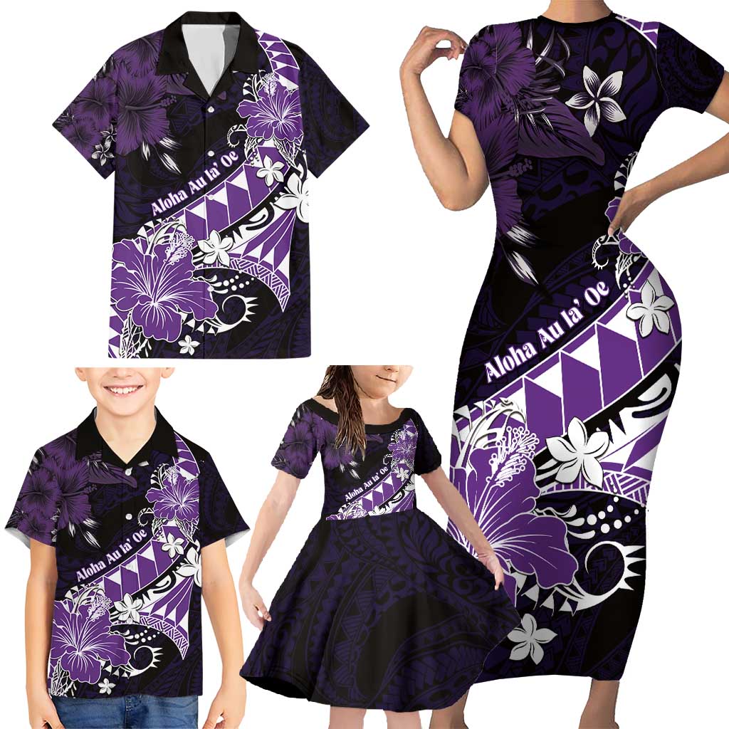 Personalised Hawaii Valentine Day Family Matching Short Sleeve Bodycon Dress and Hawaiian Shirt Polynesian Hibiscus Art Style Purple LT05 - Polynesian Pride
