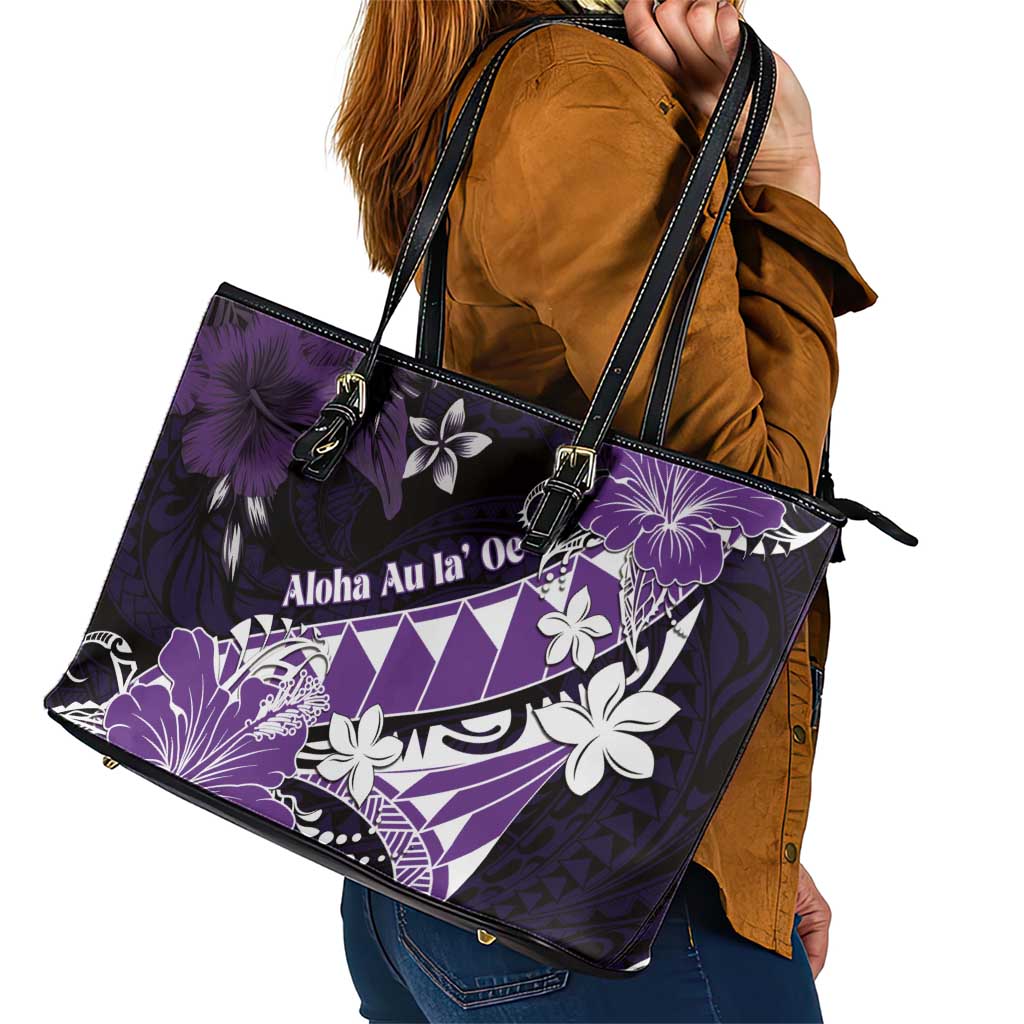 Hawaii Valentine Day Leather Tote Bag Polynesian Hibiscus Art Style Purple