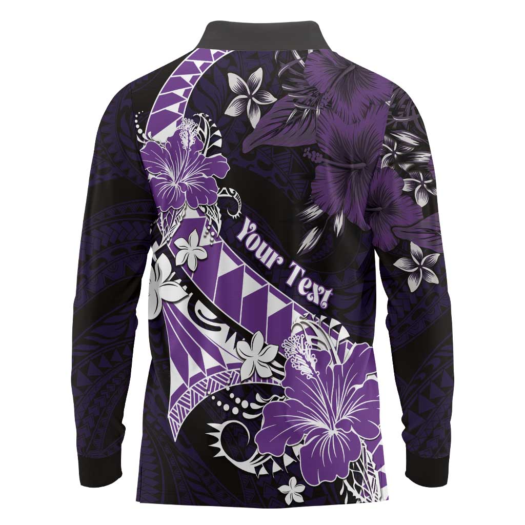 Personalised Hawaii Valentine Day Long Sleeve Polo Shirt Polynesian Hibiscus Art Style Purple