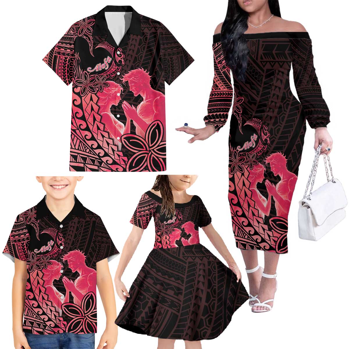 Alofa Samoa Valentine Red Family Matching Off The Shoulder Long Sleeve Dress and Hawaiian Shirt Love Is The Greatest Thing LT05 Red - Polynesian Pride