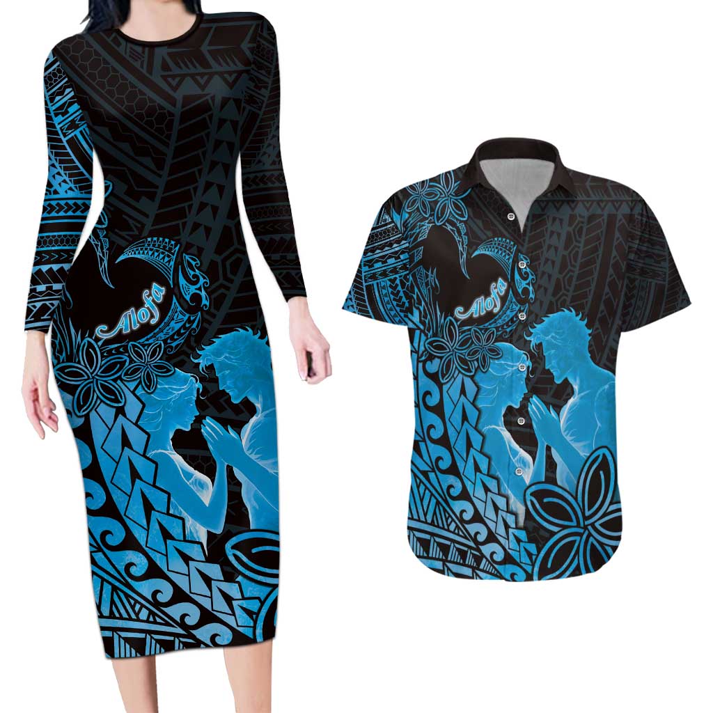 Alofa Samoa Valentine Blue Couples Matching Long Sleeve Bodycon Dress and Hawaiian Shirt Love Is The Greatest Thing