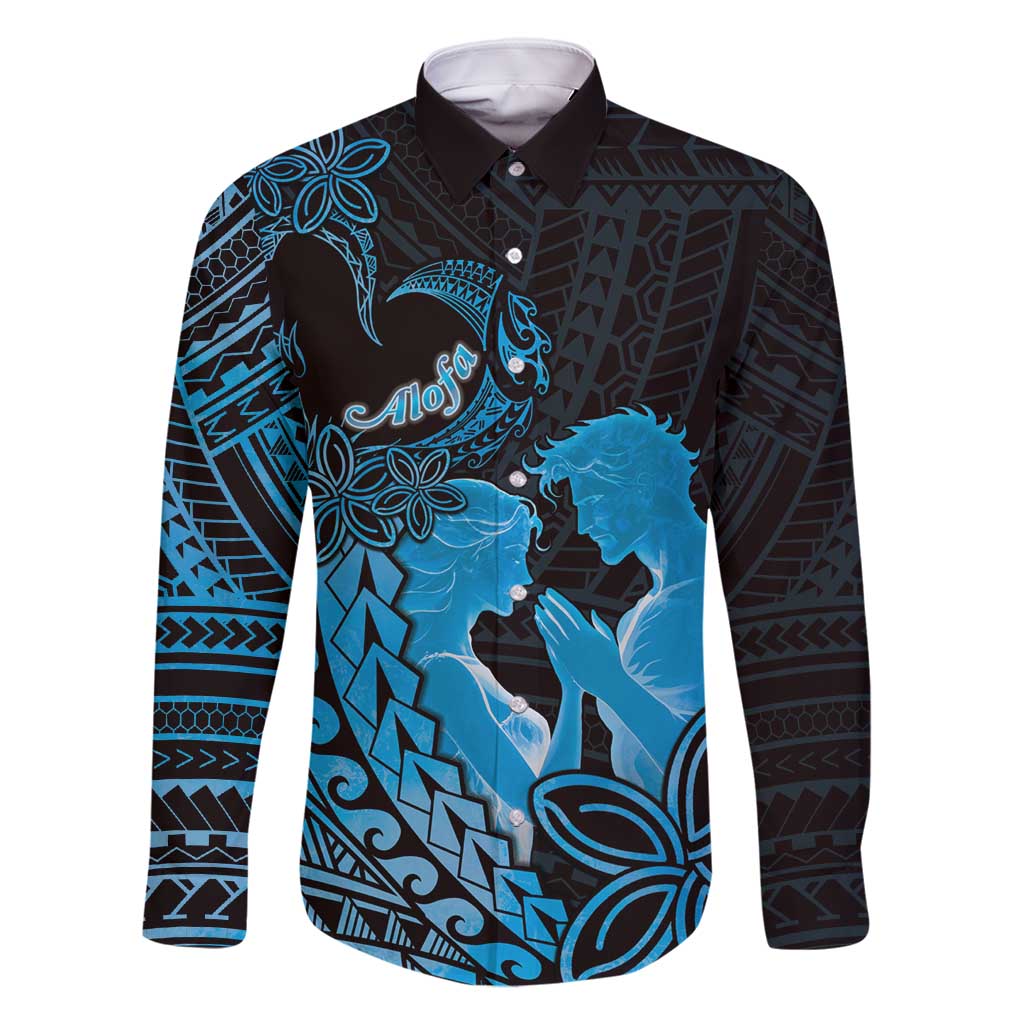 Alofa Samoa Valentine Blue Family Matching Long Sleeve Bodycon Dress and Hawaiian Shirt Love Is The Greatest Thing LT05 Dad's Shirt - Long Sleeve Blue - Polynesian Pride