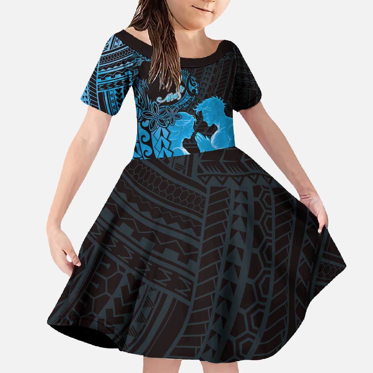 Alofa Samoa Valentine Blue Family Matching Off The Shoulder Long Sleeve Dress and Hawaiian Shirt Love Is The Greatest Thing LT05 - Polynesian Pride