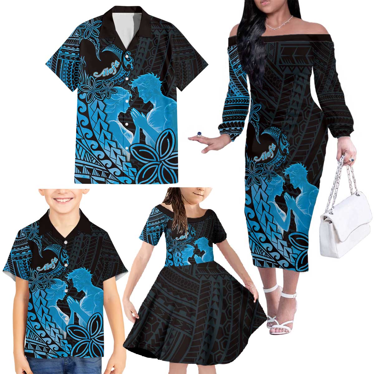 Alofa Samoa Valentine Blue Family Matching Off The Shoulder Long Sleeve Dress and Hawaiian Shirt Love Is The Greatest Thing LT05 Blue - Polynesian Pride
