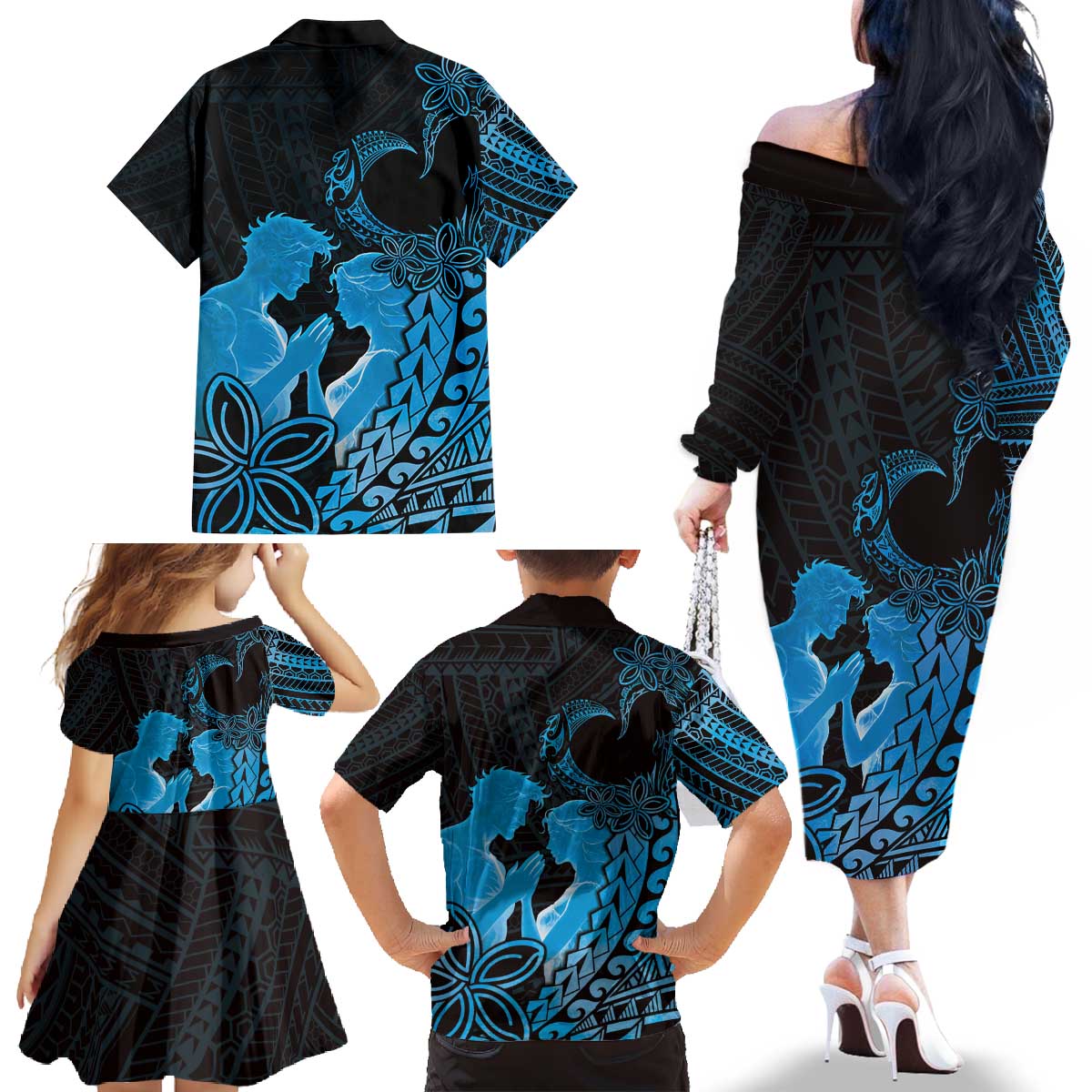 Alofa Samoa Valentine Blue Family Matching Off The Shoulder Long Sleeve Dress and Hawaiian Shirt Love Is The Greatest Thing LT05 - Polynesian Pride