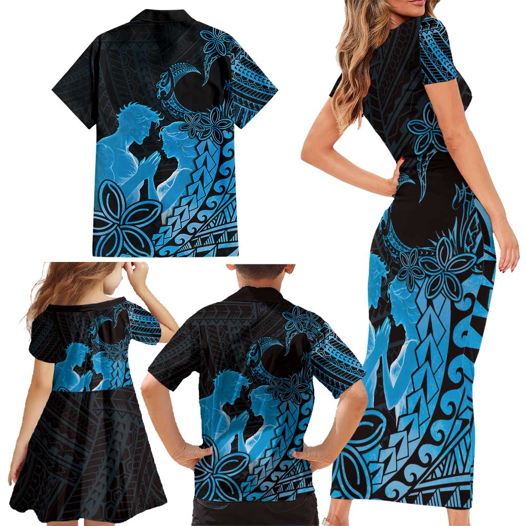 Alofa Samoa Valentine Blue Family Matching Short Sleeve Bodycon Dress and Hawaiian Shirt Love Is The Greatest Thing LT05 - Polynesian Pride
