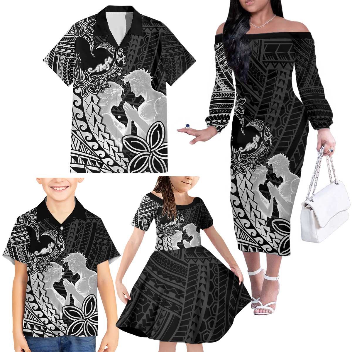Alofa Samoa Valentine Black Family Matching Off The Shoulder Long Sleeve Dress and Hawaiian Shirt Love Is The Greatest Thing LT05 Black - Polynesian Pride