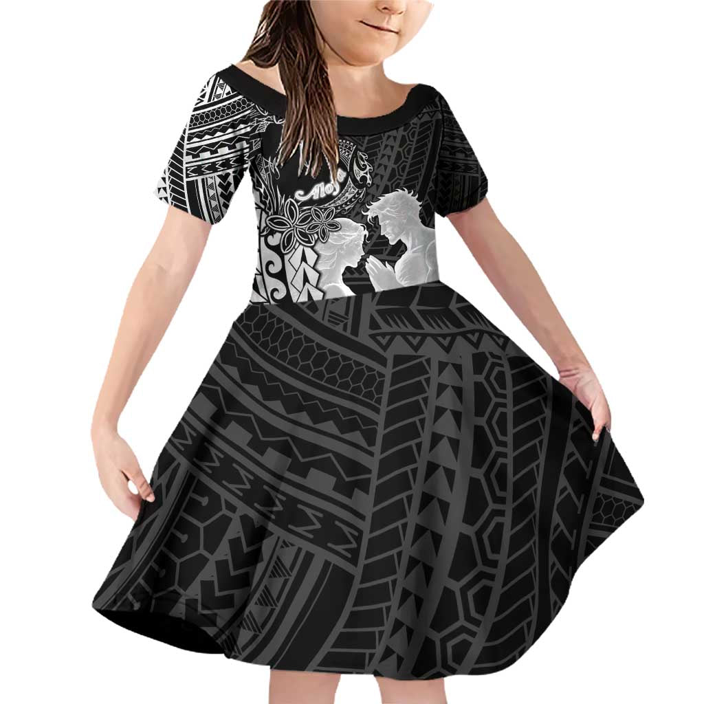 Alofa Samoa Valentine Black Family Matching Off Shoulder Short Dress and Hawaiian Shirt Love Is The Greatest Thing LT05 Daughter's Dress Black - Polynesian Pride