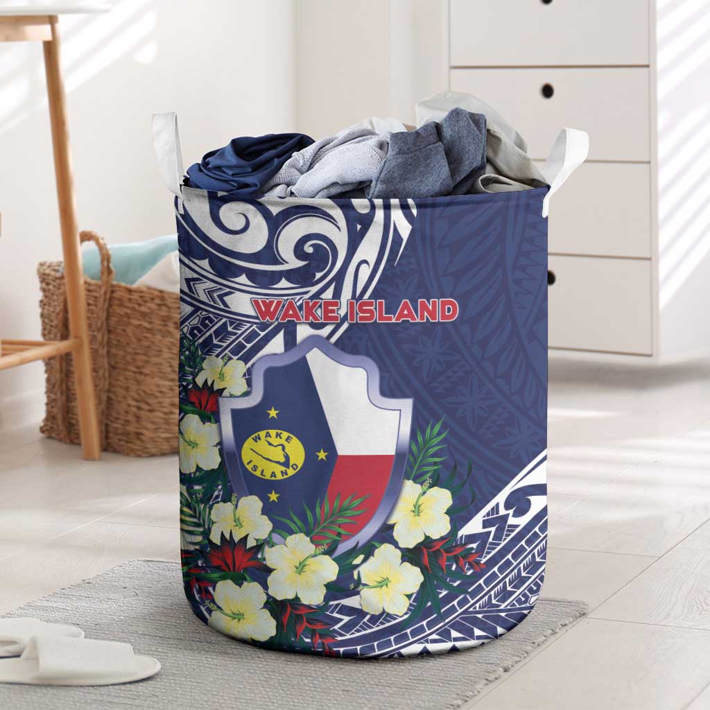 Wake Island Laundry Basket Tribal Pattern With Hibiscus Flowers