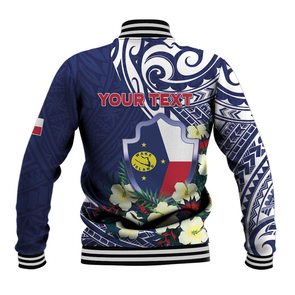 Personalised Wake Island Baseball Jacket Tribal Pattern With Hibiscus Flowers