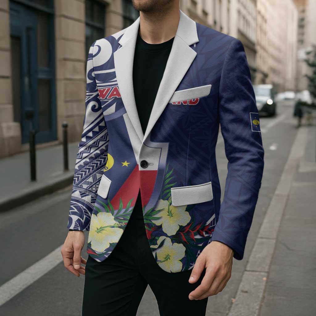 Personalised Wake Island Blazer Tribal Pattern With Hibiscus Flowers