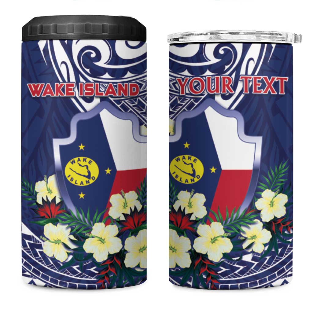 Personalised Wake Island 4 in 1 Can Cooler Tumbler Tribal Pattern With Hibiscus Flowers