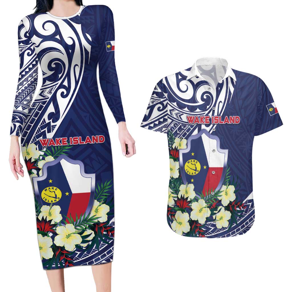 Personalised Wake Island Couples Matching Long Sleeve Bodycon Dress and Hawaiian Shirt Tribal Pattern With Hibiscus Flowers LT05 Blue - Polynesian Pride