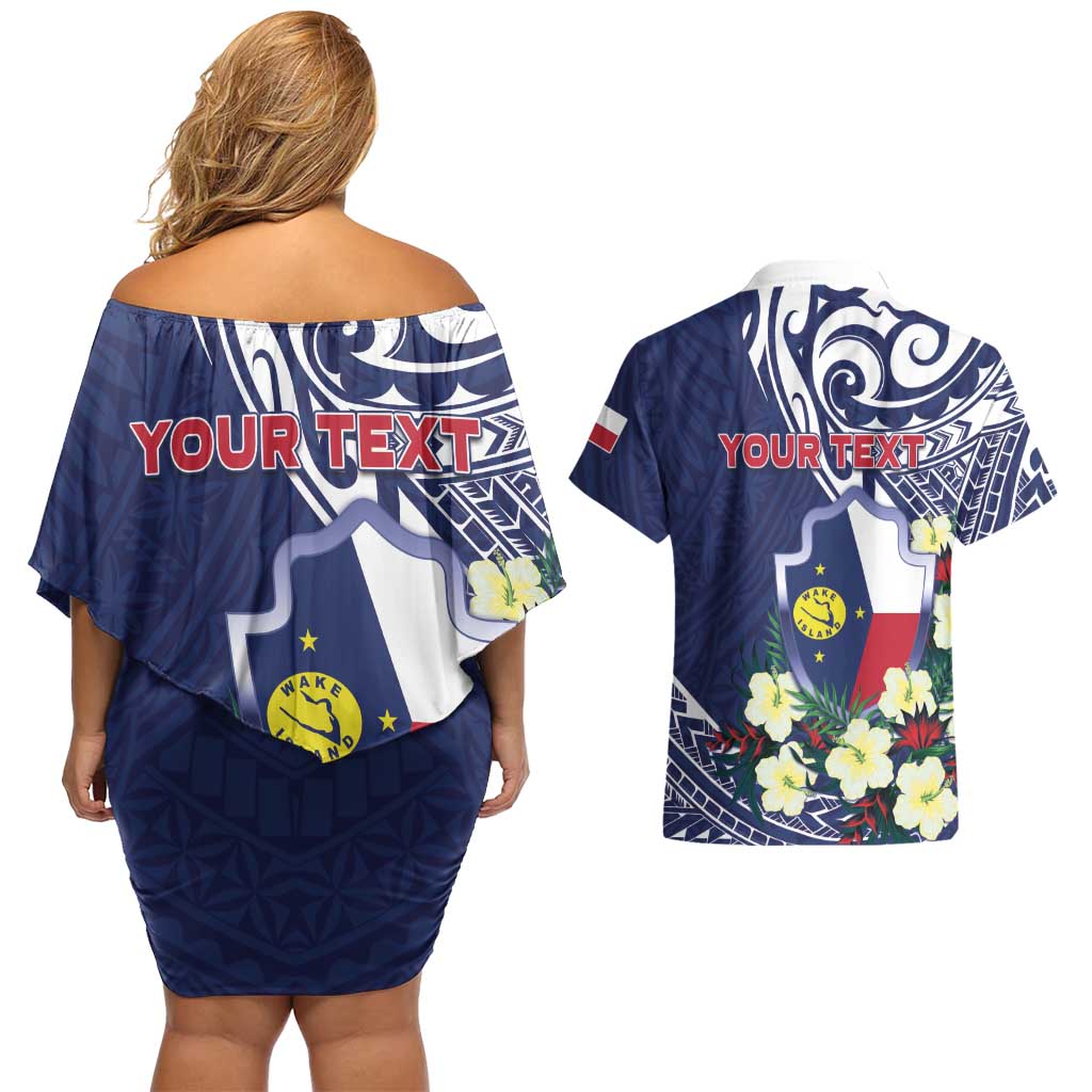 Personalised Wake Island Couples Matching Off Shoulder Short Dress and Hawaiian Shirt Tribal Pattern With Hibiscus Flowers