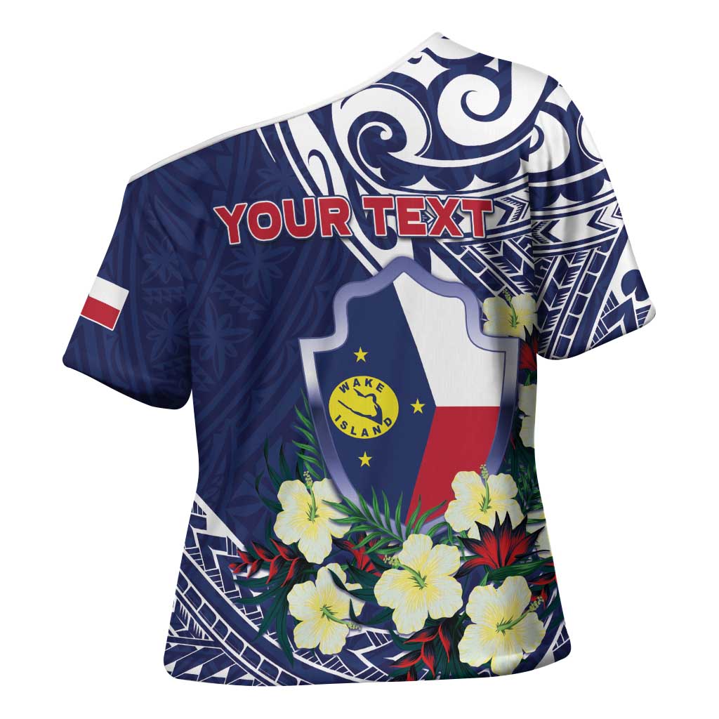 Personalised Wake Island Cross Shoulder Shirt Tribal Pattern With Hibiscus Flowers