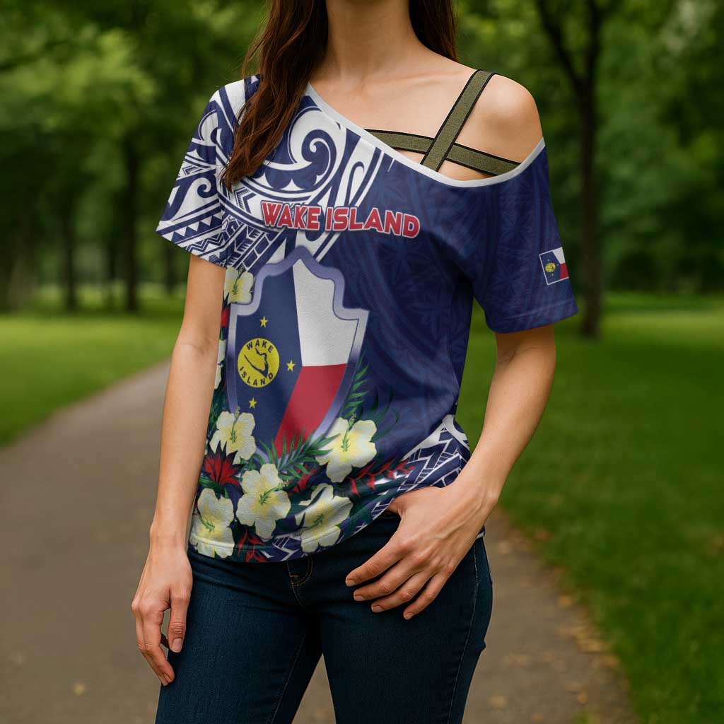 Personalised Wake Island Cross Shoulder Shirt Tribal Pattern With Hibiscus Flowers