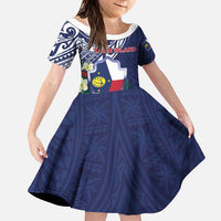 Personalised Wake Island Family Matching Off The Shoulder Long Sleeve Dress and Hawaiian Shirt Tribal Pattern With Hibiscus Flowers LT05 Daughter's Dress Blue - Polynesian Pride