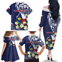 Personalised Wake Island Family Matching Off The Shoulder Long Sleeve Dress and Hawaiian Shirt Tribal Pattern With Hibiscus Flowers LT05 - Polynesian Pride