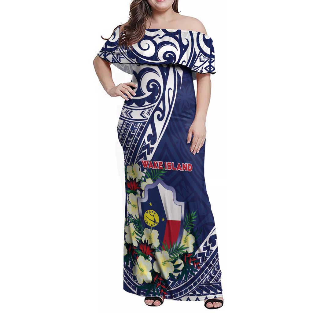 Personalised Wake Island Family Matching Off Shoulder Maxi Dress and Hawaiian Shirt Tribal Pattern With Hibiscus Flowers