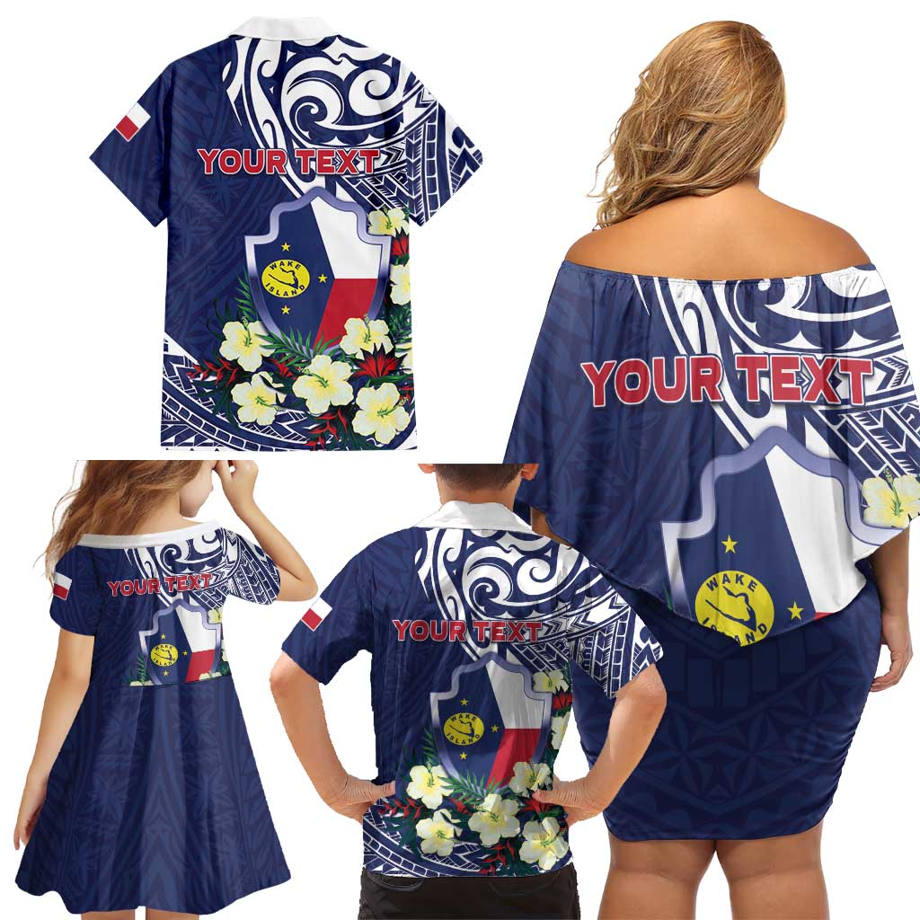 Personalised Wake Island Family Matching Off Shoulder Short Dress and Hawaiian Shirt Tribal Pattern With Hibiscus Flowers LT05 - Polynesian Pride