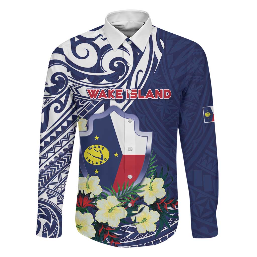 Personalised Wake Island Family Matching Off Shoulder Short Dress and Hawaiian Shirt Tribal Pattern With Hibiscus Flowers LT05 Dad's Shirt - Long Sleeve Blue - Polynesian Pride