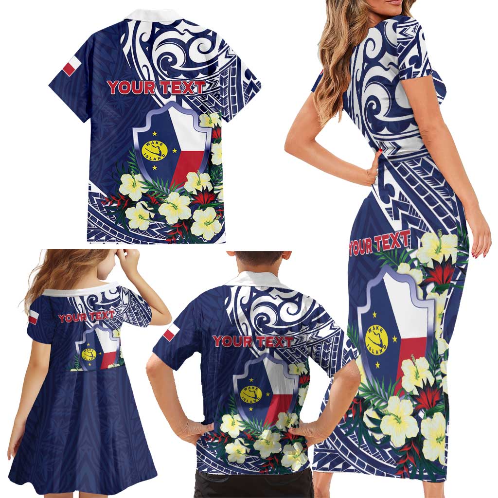 Personalised Wake Island Family Matching Short Sleeve Bodycon Dress and Hawaiian Shirt Tribal Pattern With Hibiscus Flowers LT05 - Polynesian Pride