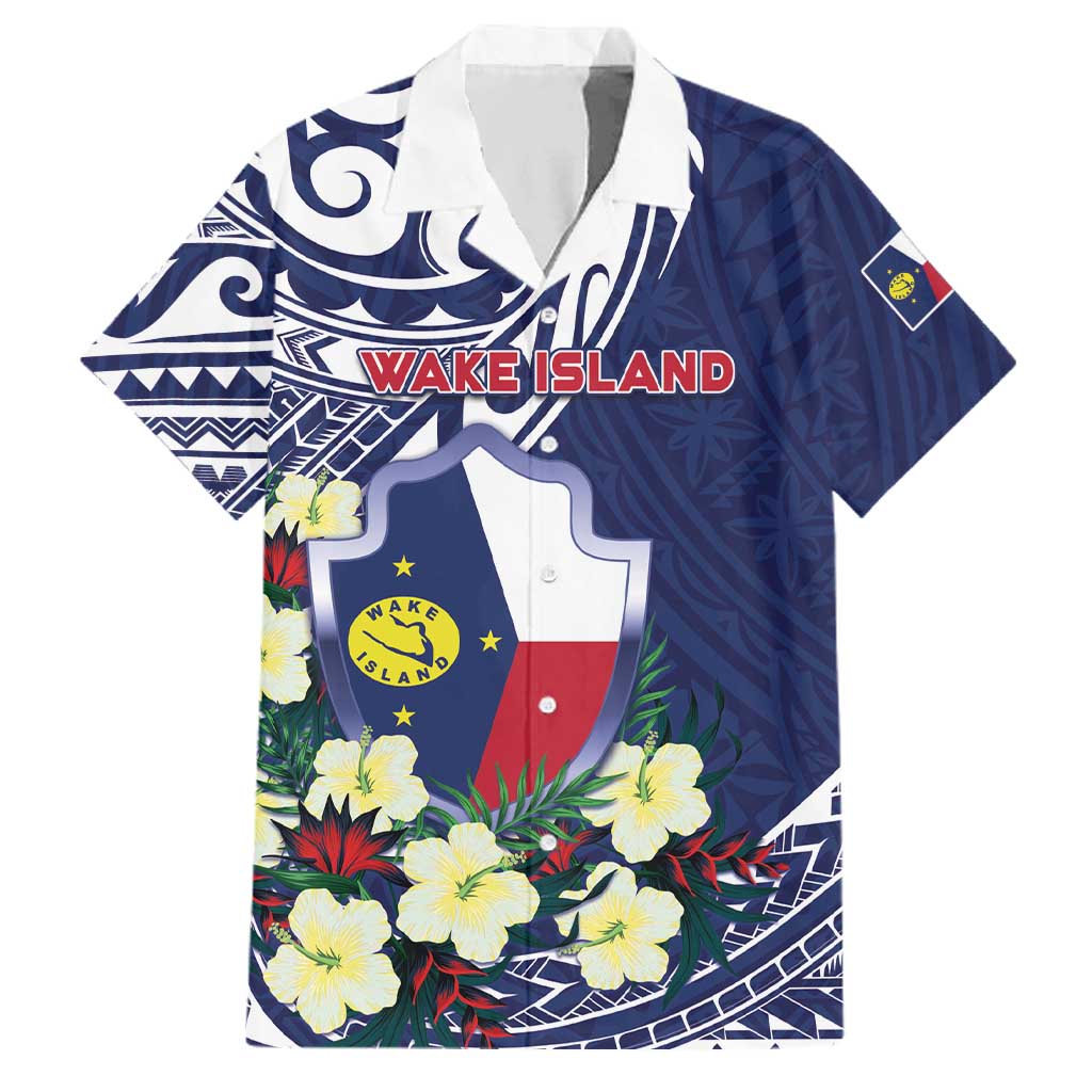Personalised Wake Island Family Matching Tank Maxi Dress and Hawaiian Shirt Tribal Pattern With Hibiscus Flowers LT05 Dad's Shirt - Short Sleeve Blue - Polynesian Pride