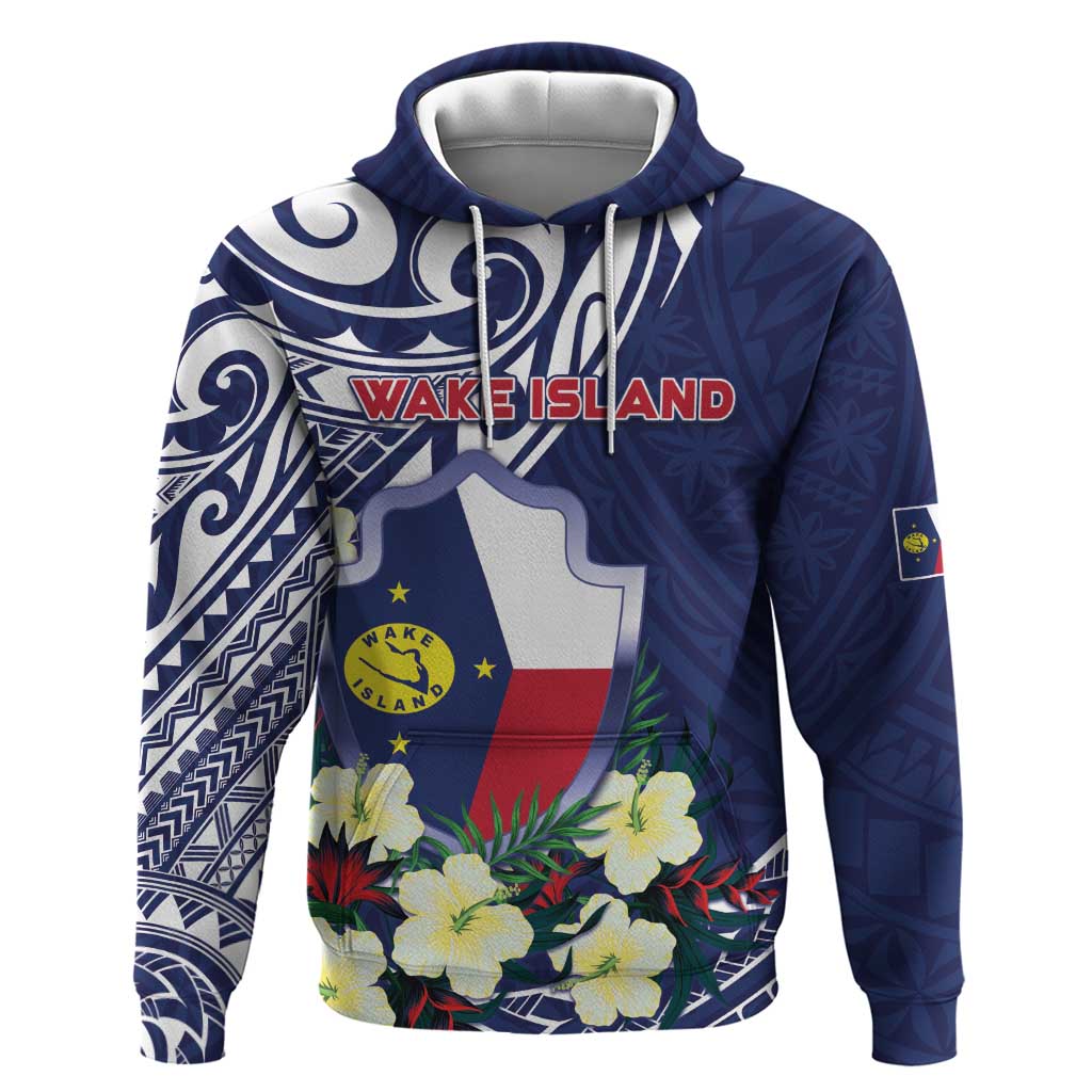 Personalised Wake Island Hoodie Tribal Pattern With Hibiscus Flowers