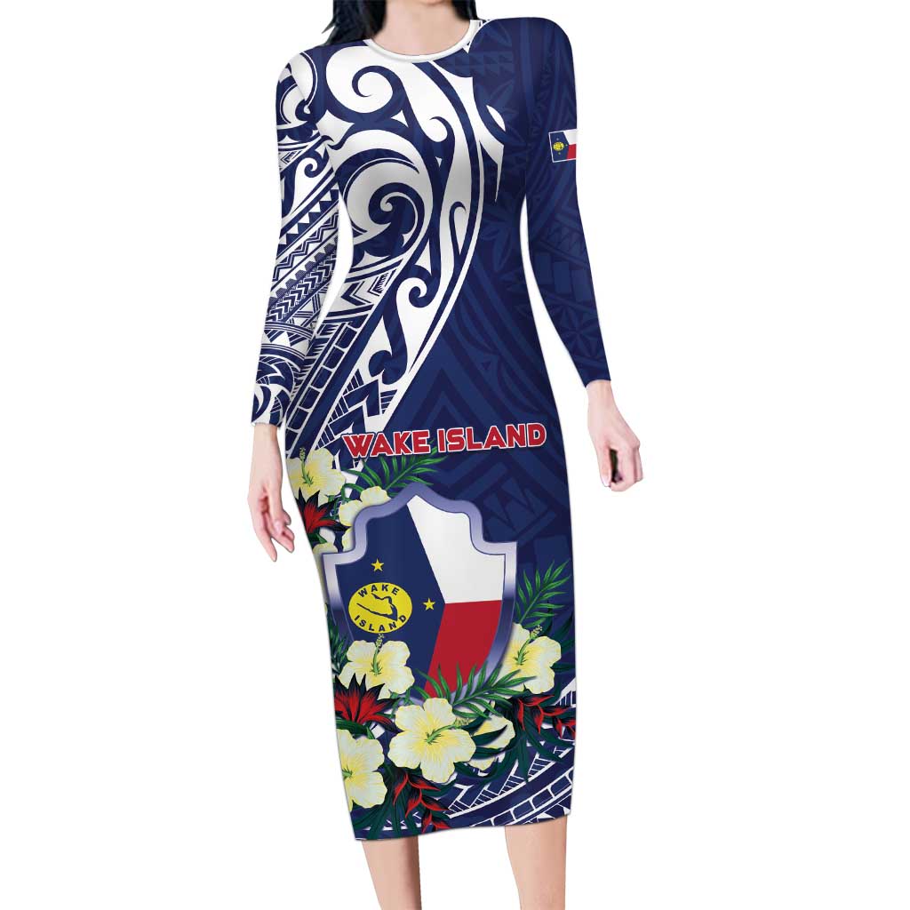 Personalised Wake Island Long Sleeve Bodycon Dress Tribal Pattern With Hibiscus Flowers