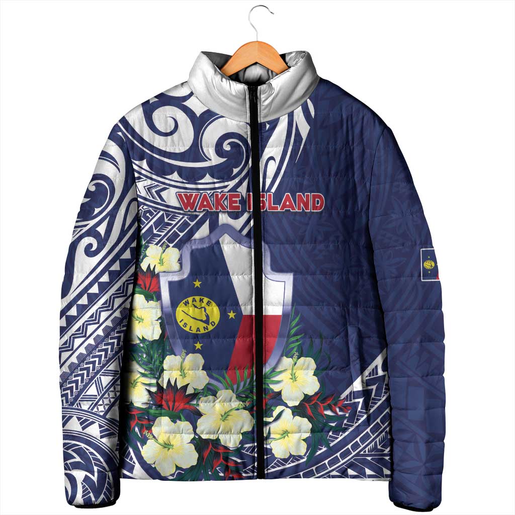 Personalised Wake Island Padded Jacket Tribal Pattern With Hibiscus Flowers