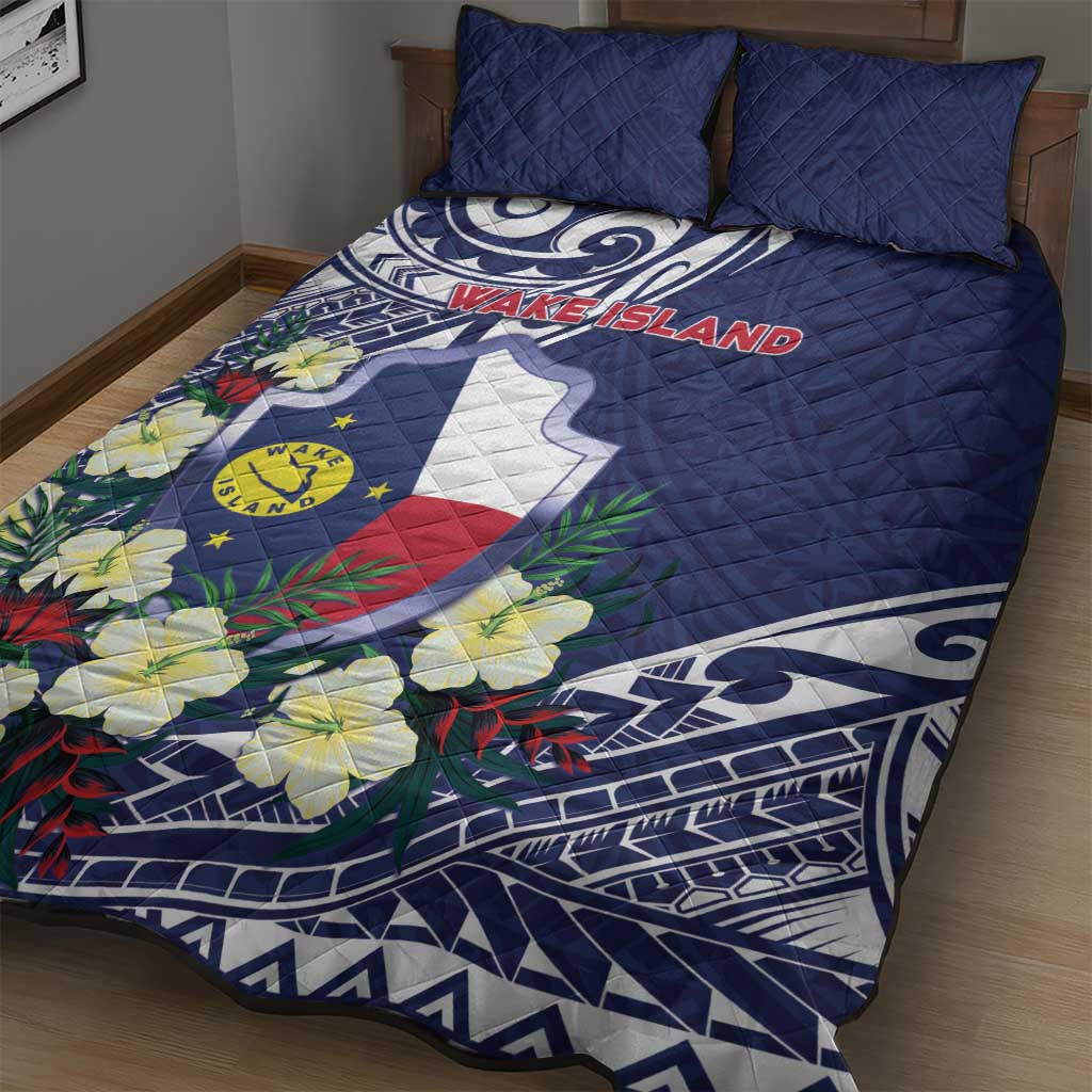 Wake Island Quilt Bed Set Tribal Pattern With Hibiscus Flowers