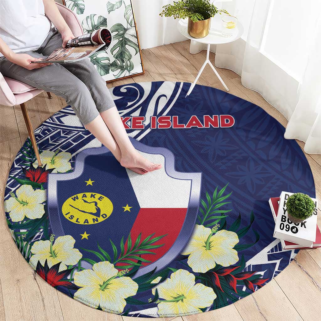 Wake Island Round Carpet Tribal Pattern With Hibiscus Flowers