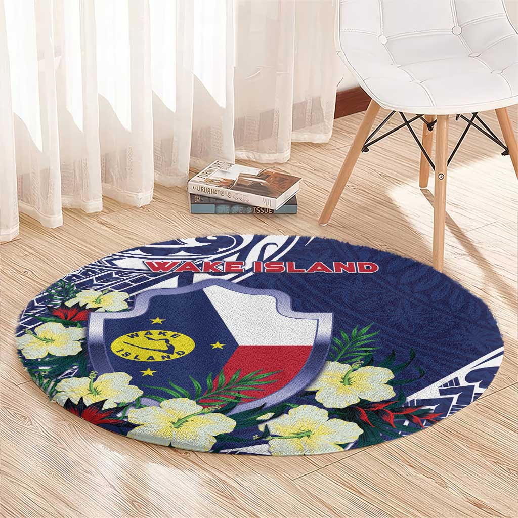 Wake Island Round Carpet Tribal Pattern With Hibiscus Flowers