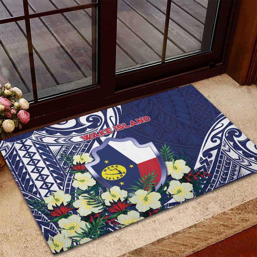 Wake Island Rubber Doormat Tribal Pattern With Hibiscus Flowers