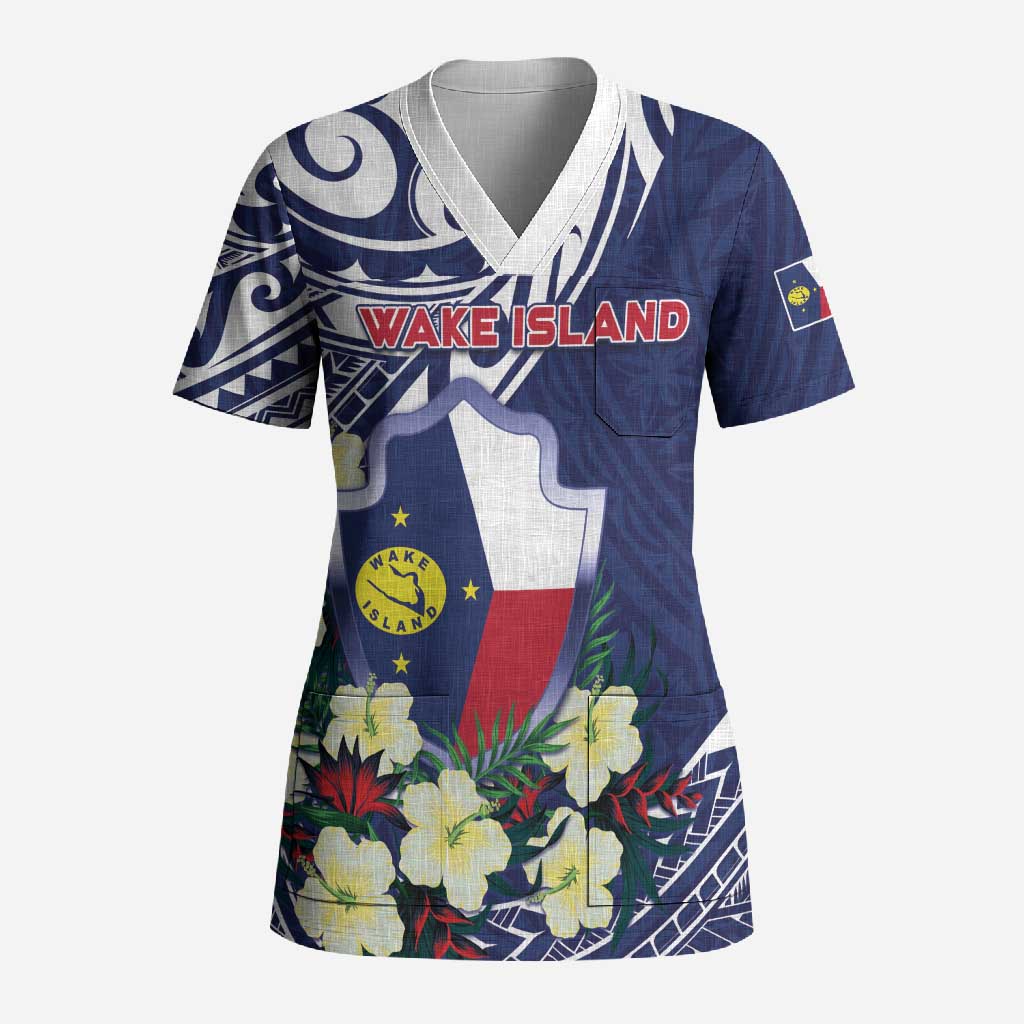 Personalised Wake Island Scrub Top Tribal Pattern With Hibiscus Flowers