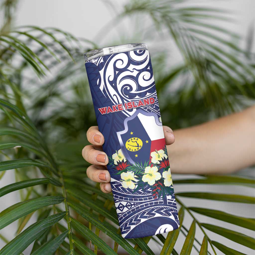 Personalised Wake Island Skinny Tumbler Tribal Pattern With Hibiscus Flowers