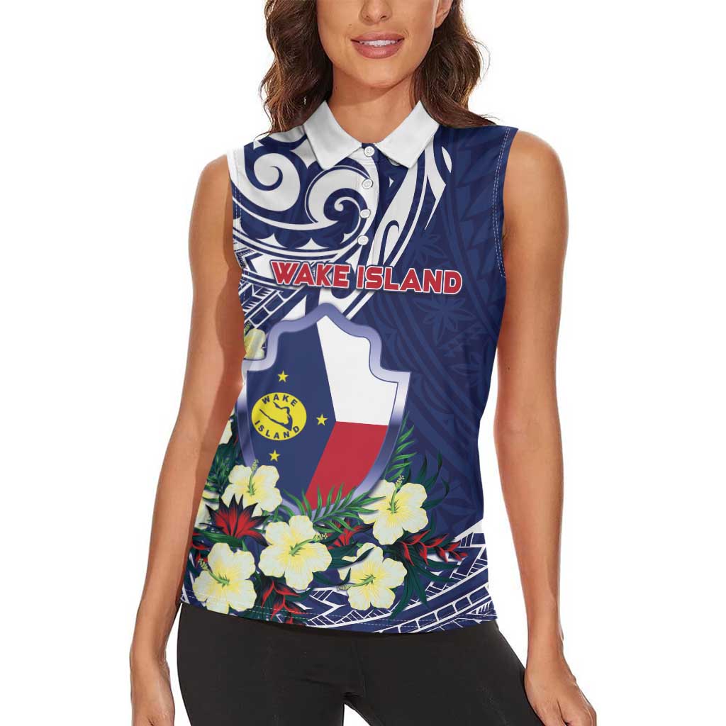 Personalised Wake Island Women Sleeveless Polo Shirt Tribal Pattern With Hibiscus Flowers