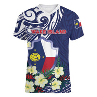 Personalised Wake Island Women V-Neck T-Shirt Tribal Pattern With Hibiscus Flowers