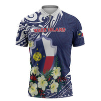 Personalised Wake Island Zipper Polo Shirt Tribal Pattern With Hibiscus Flowers