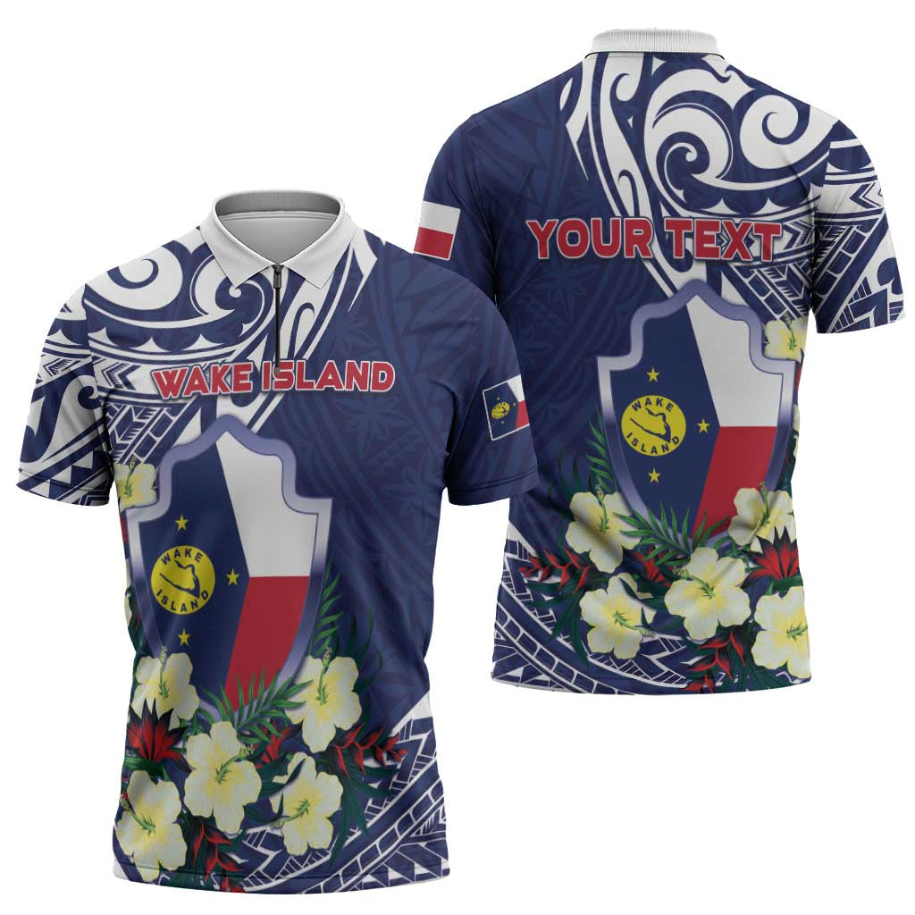 Personalised Wake Island Zipper Polo Shirt Tribal Pattern With Hibiscus Flowers
