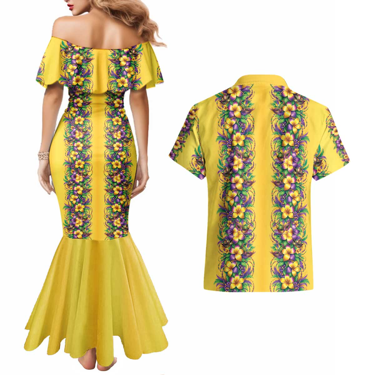 Aloha Hawaii Mardi Gras Couples Matching Mermaid Dress and Hawaiian Shirt Gold Style