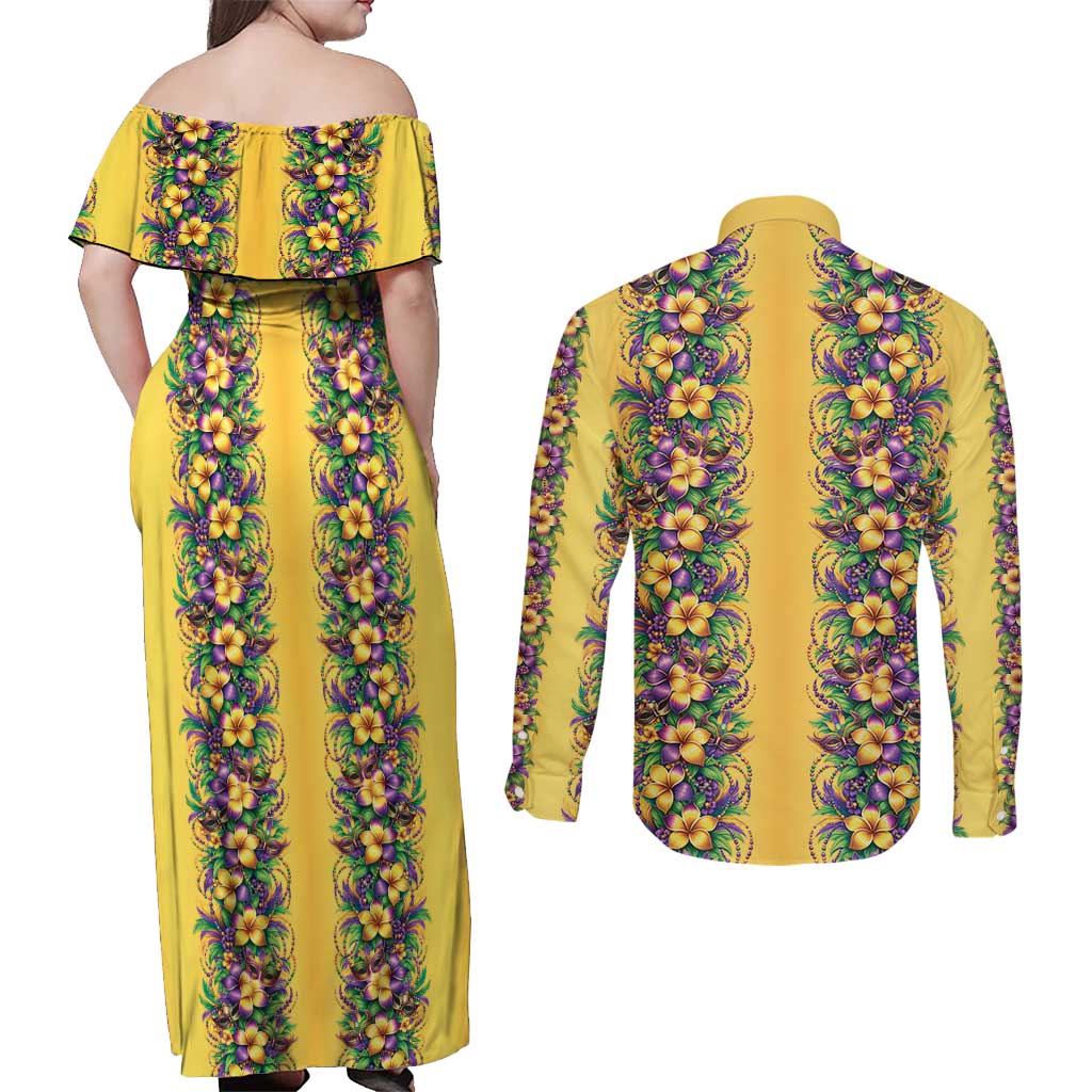 Aloha Hawaii Mardi Gras Couples Matching Off Shoulder Maxi Dress and Long Sleeve Button Shirt Gold Style