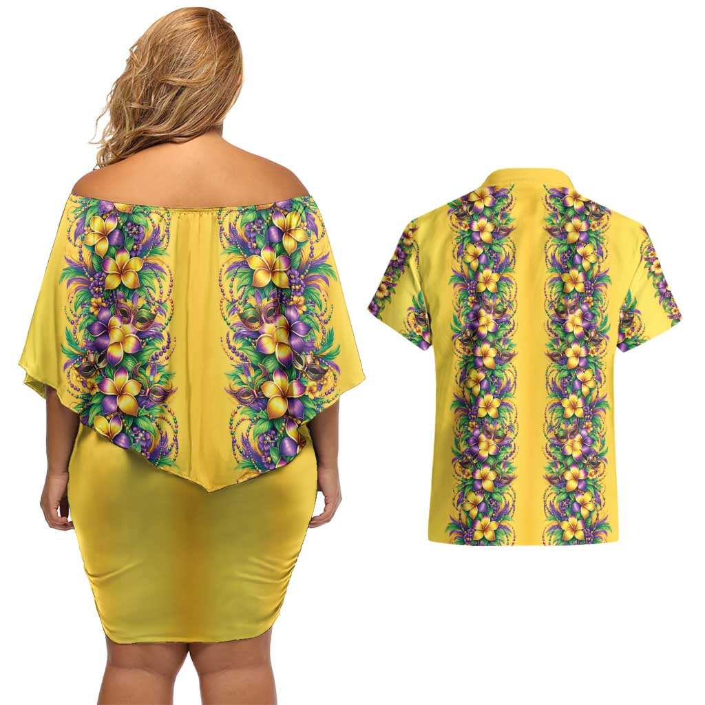Aloha Hawaii Mardi Gras Couples Matching Off Shoulder Short Dress and Hawaiian Shirt Gold Style