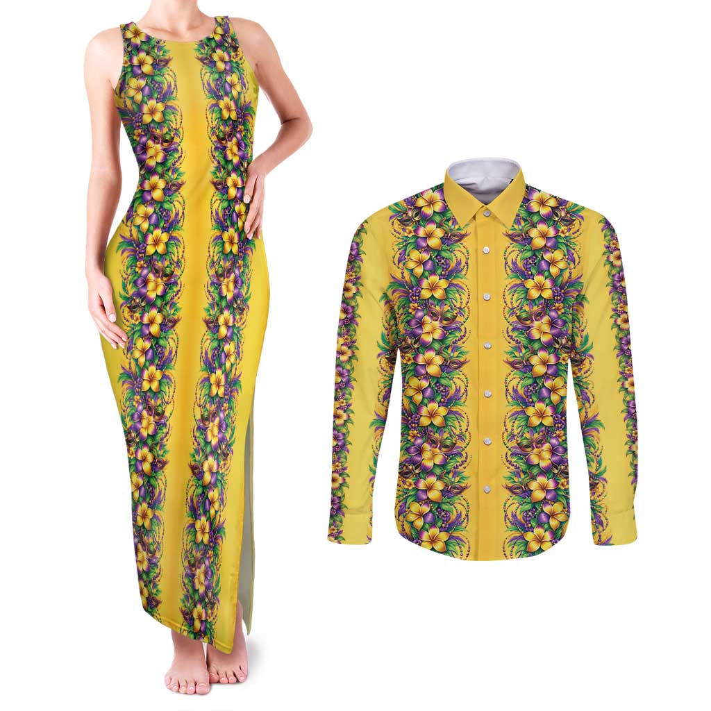 Aloha Hawaii Mardi Gras Couples Matching Tank Maxi Dress and Long Sleeve Button Shirt Gold Style