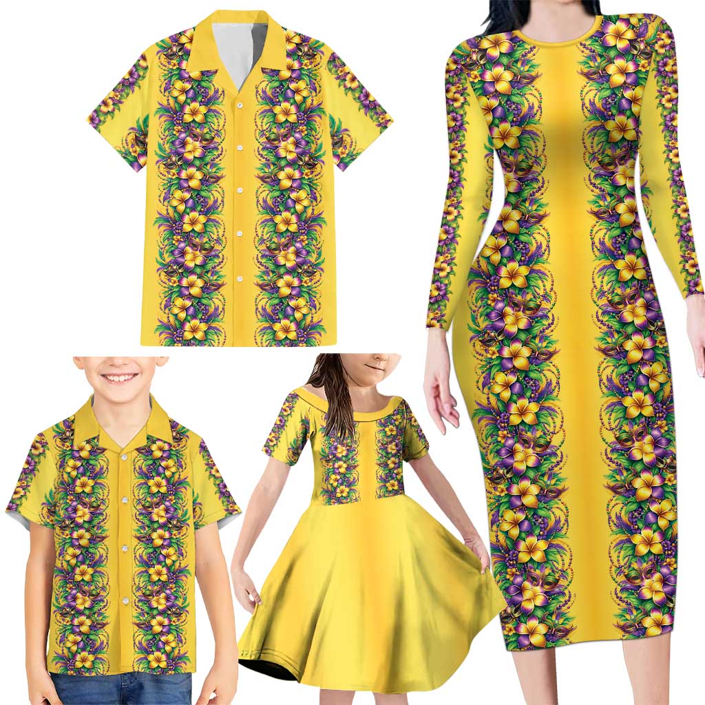 Aloha Hawaii Mardi Gras Family Matching Long Sleeve Bodycon Dress and Hawaiian Shirt Gold Style LT05 - Polynesian Pride