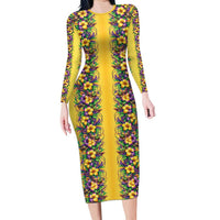 Aloha Hawaii Mardi Gras Family Matching Long Sleeve Bodycon Dress and Hawaiian Shirt Gold Style LT05 Mom's Dress Gold - Polynesian Pride