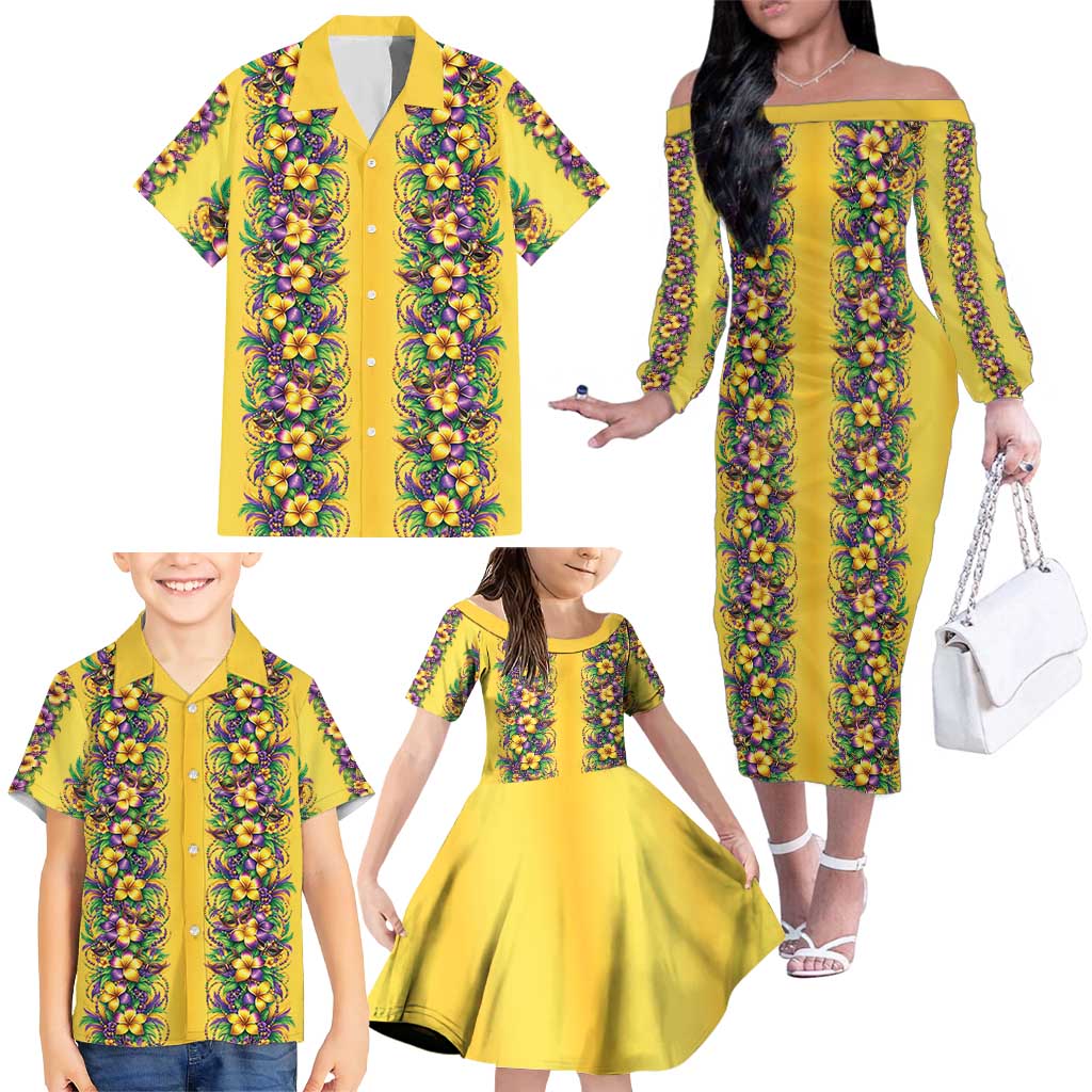 Aloha Hawaii Mardi Gras Family Matching Off The Shoulder Long Sleeve Dress and Hawaiian Shirt Gold Style