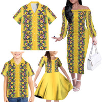 Aloha Hawaii Mardi Gras Family Matching Off The Shoulder Long Sleeve Dress and Hawaiian Shirt Gold Style LT05 - Polynesian Pride